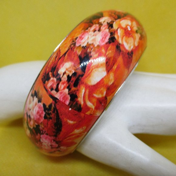 WIDE ENAMEL Cuff Bracelet Floral Enamel Bangle Cuff Bracelet Enamel SilverTone - Picture 4 of 9